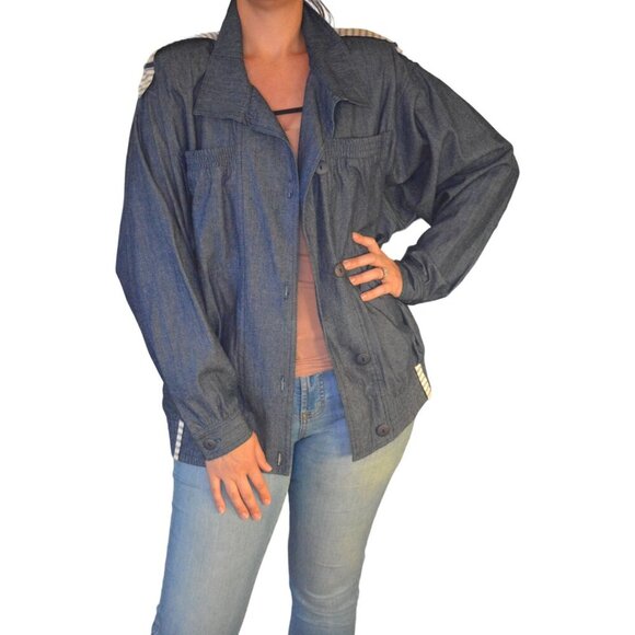 Pierre Lamonte Women's Denim Jacket Size 16 Button-Front Elastic Waist Striped D - Picture 1 of 7